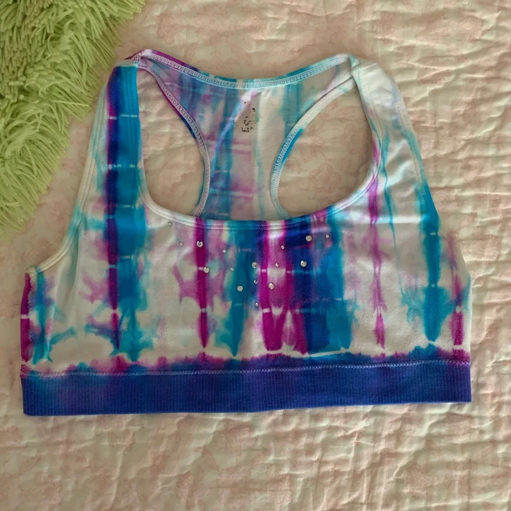 Justice Sports Bra Girls Blue Purple White Tie Dye Racer Back Rhinestone